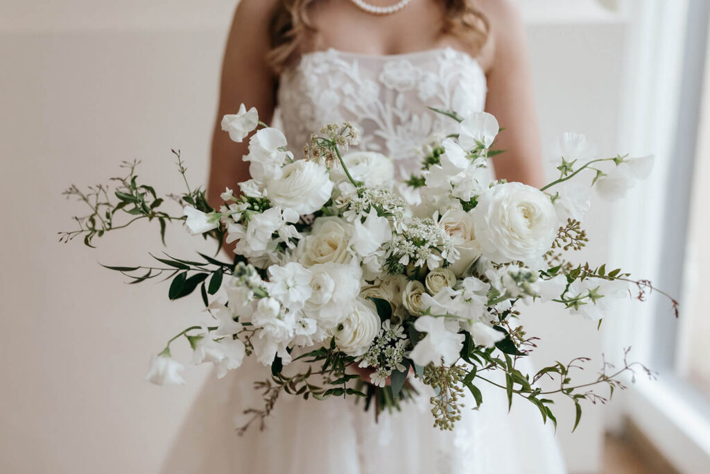 Elegant and whimsical white and green bridal bouquet