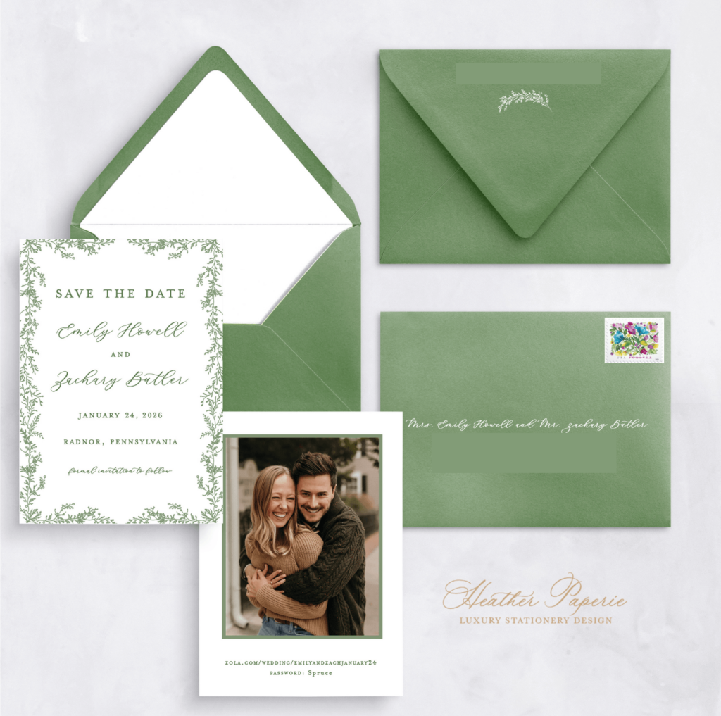 Green and white save the date mockup with a greenery border and photo