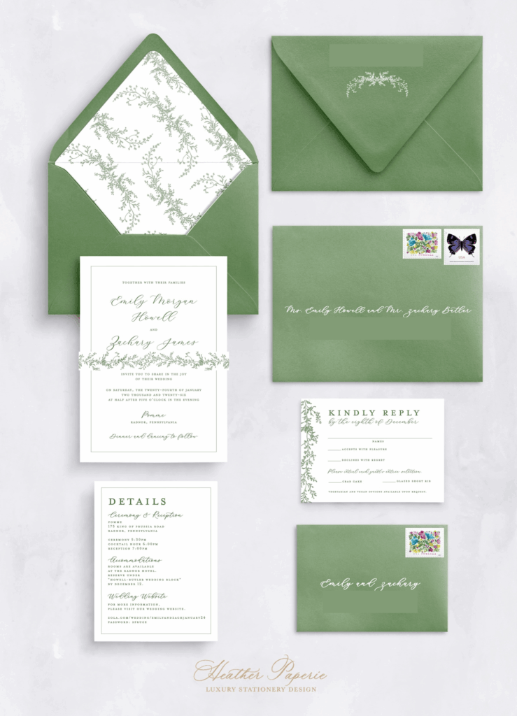 Classic wedding green and white wedding invitation suite with greenery design elements