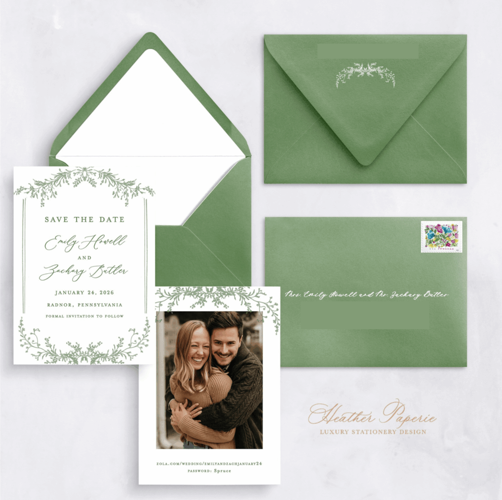 Green and white save the date design proof
