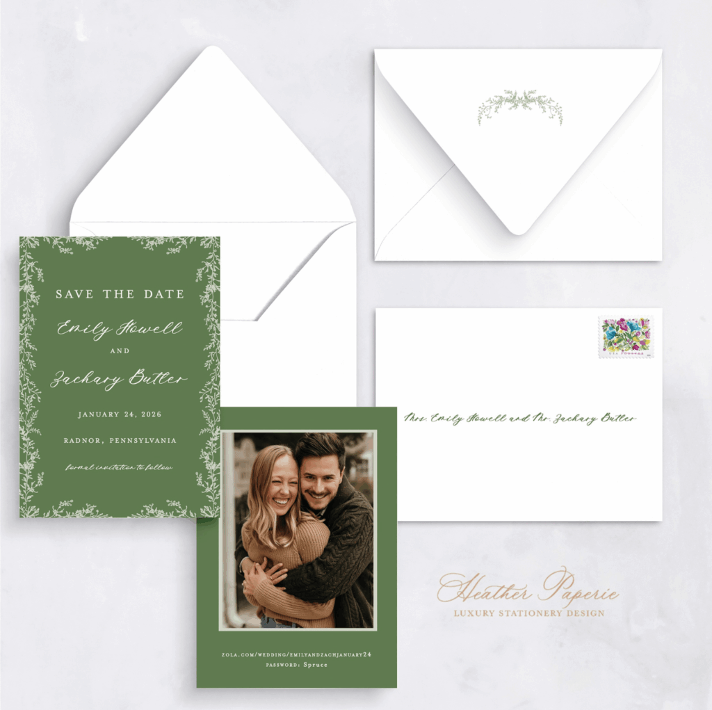 Green and white save the date design proof