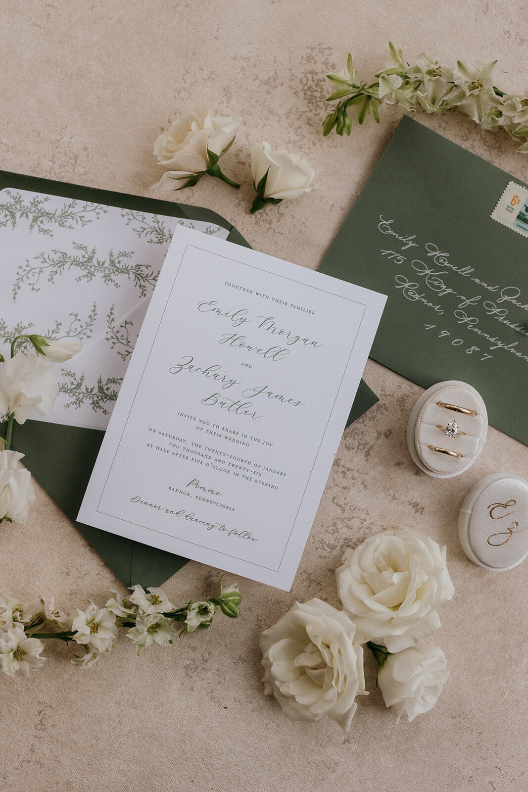 Simple and elegant white and green wedding invitation suite