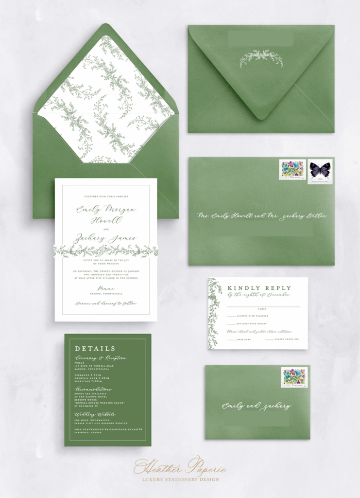 Classic wedding green and white wedding invitation suite with greenery design elements