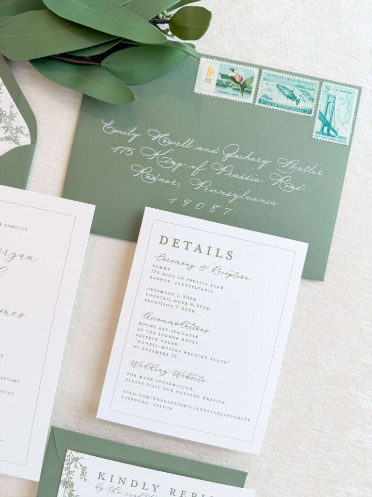 Classic white and green wedding invitation details card