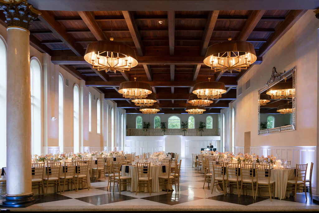 Wedding reception in The Grand Ballroom at Elkins Estate, ready for guests