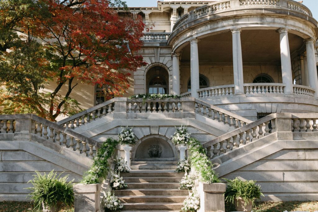 Exterior of Elstowe Manor at Elkins Estate during the fall