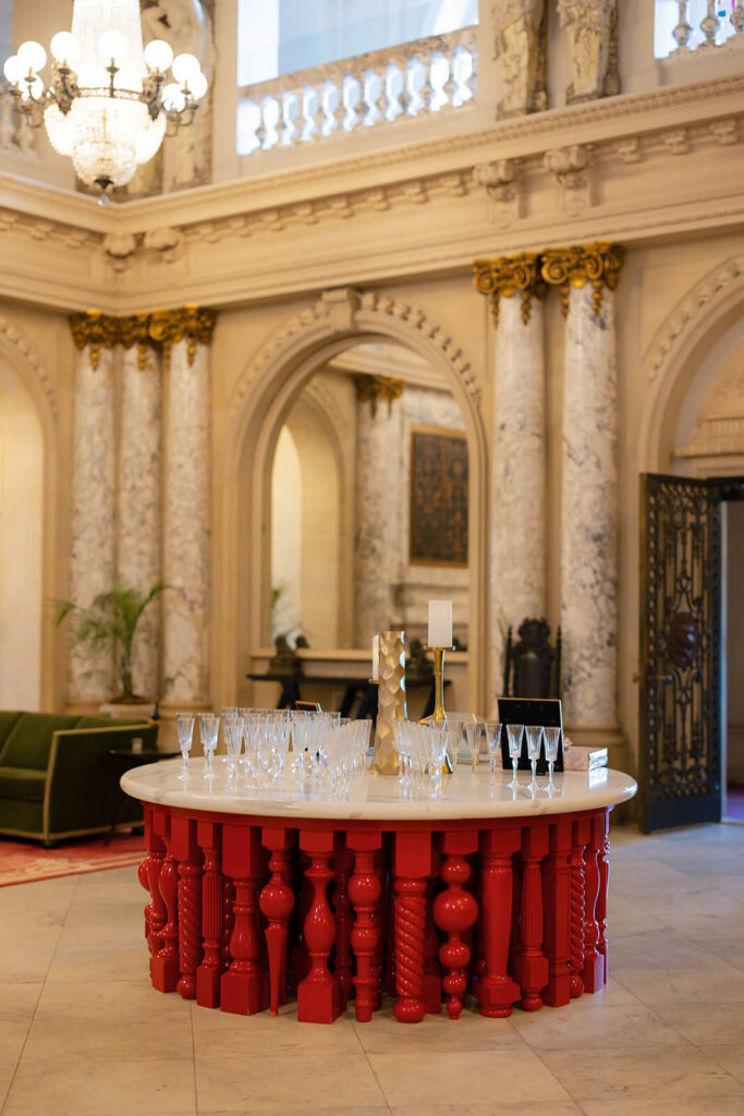 Champagne welcome table for an Elkins Estate wedding