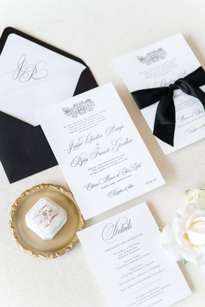 Formal black and white letterpress wedding invitations for a wedding at Elkins Estate