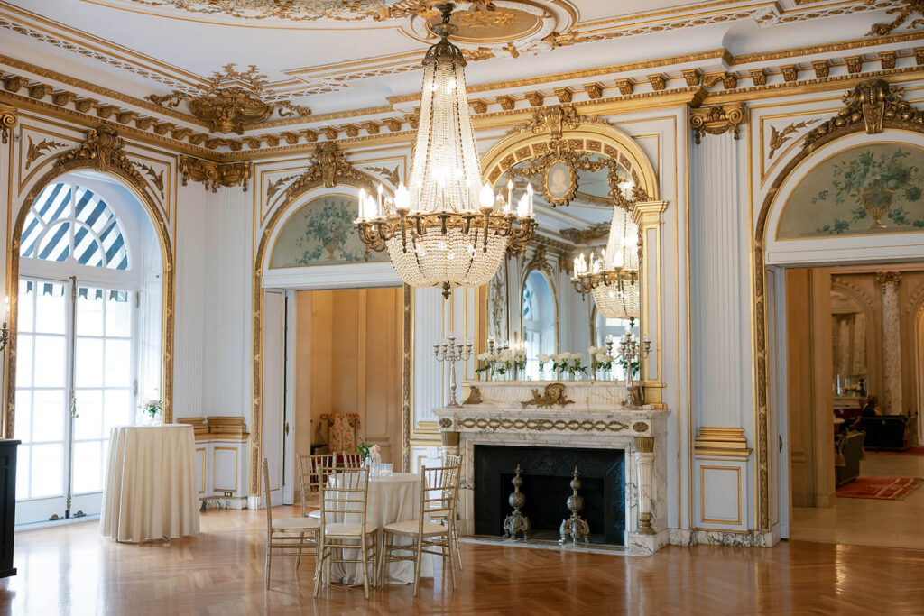 Gilded, ornate room ready for wedding guests at Elkins Estate