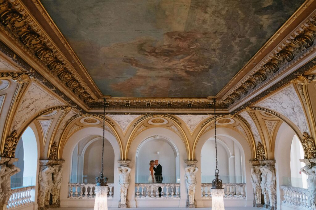 Gilded, ornate grand hall of Elkins Estate Wedding and Event Venue