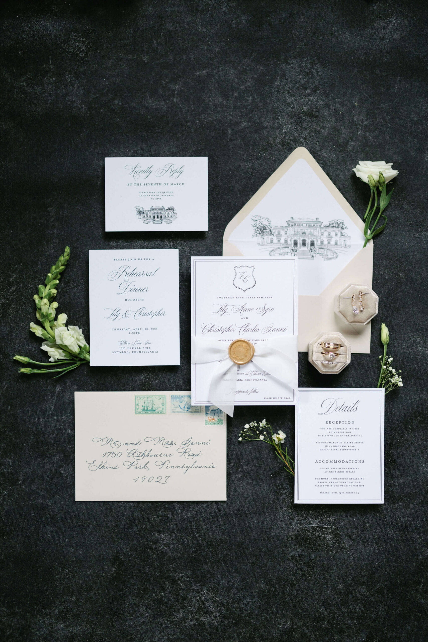 Formal black and white wedding invitations with a line art venue illustration for a wedding at Elkins Estate