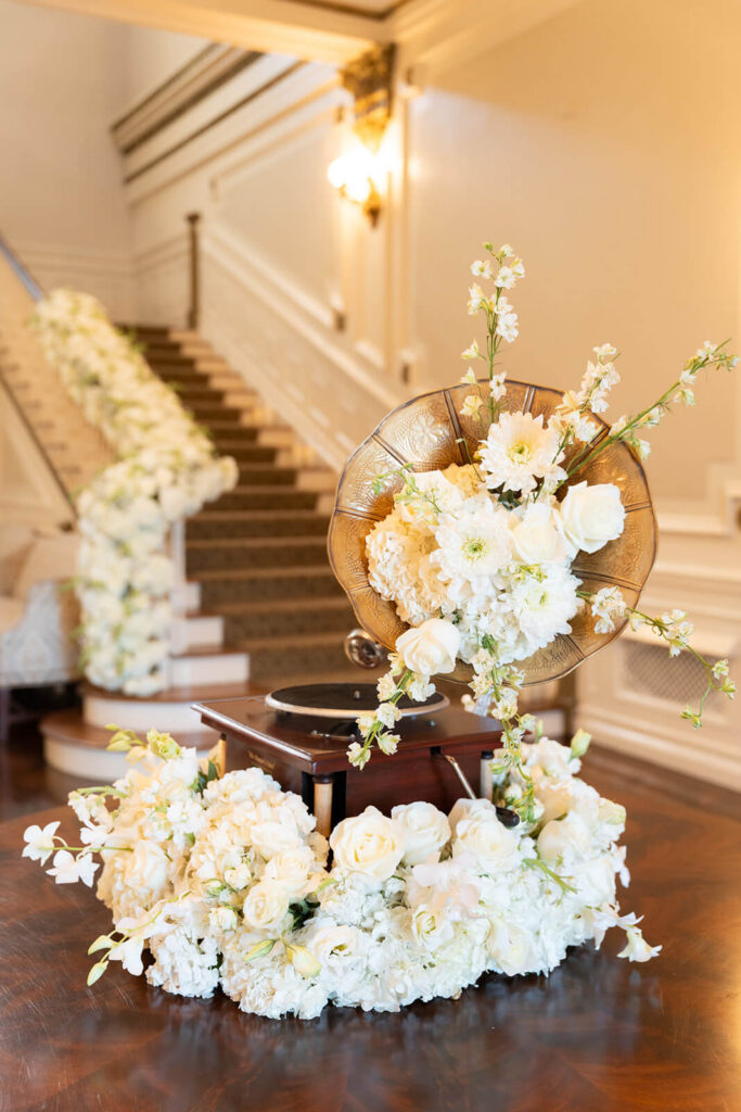 Record player decorated with elegant white florals