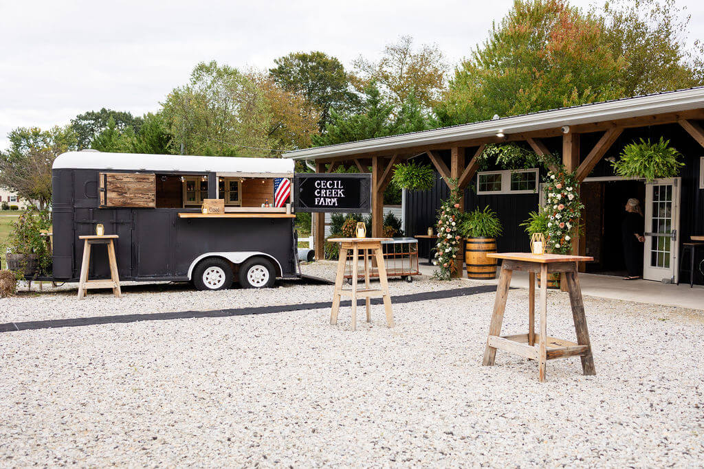 Outdoor patio ready for a wedding reception at Cecil Creek Farm