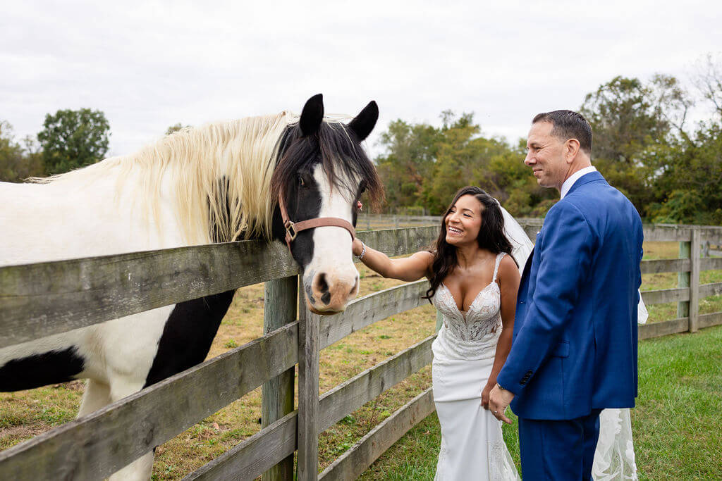 Bride and groom petting a horse at their Cecil Creek Farm wedding