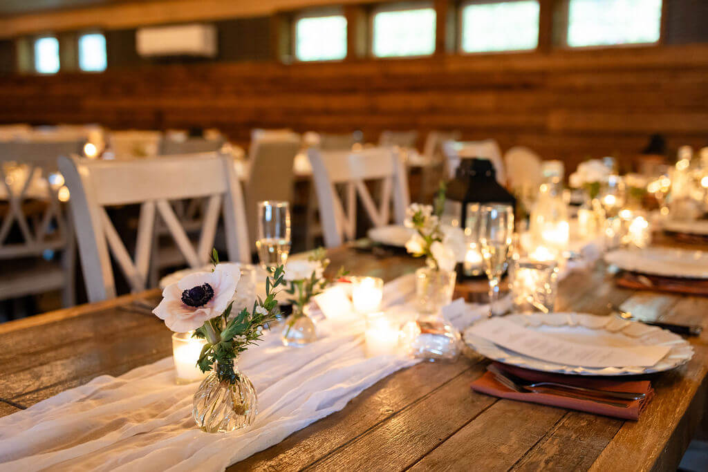 Rustic and elegant wedding reception table at Cecil Creek Farm