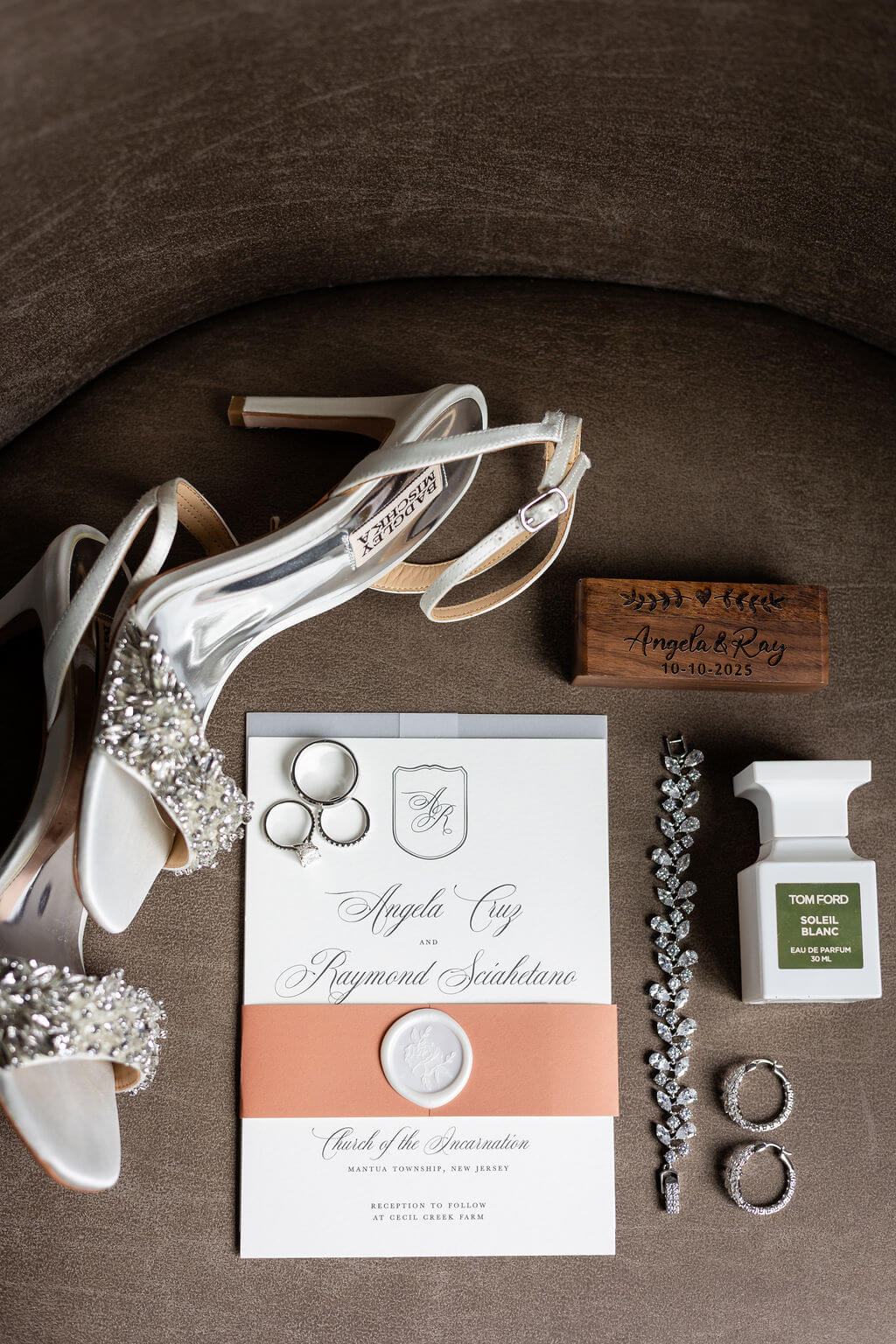 Elegant neutral wedding invitation card with belly band and wax seal