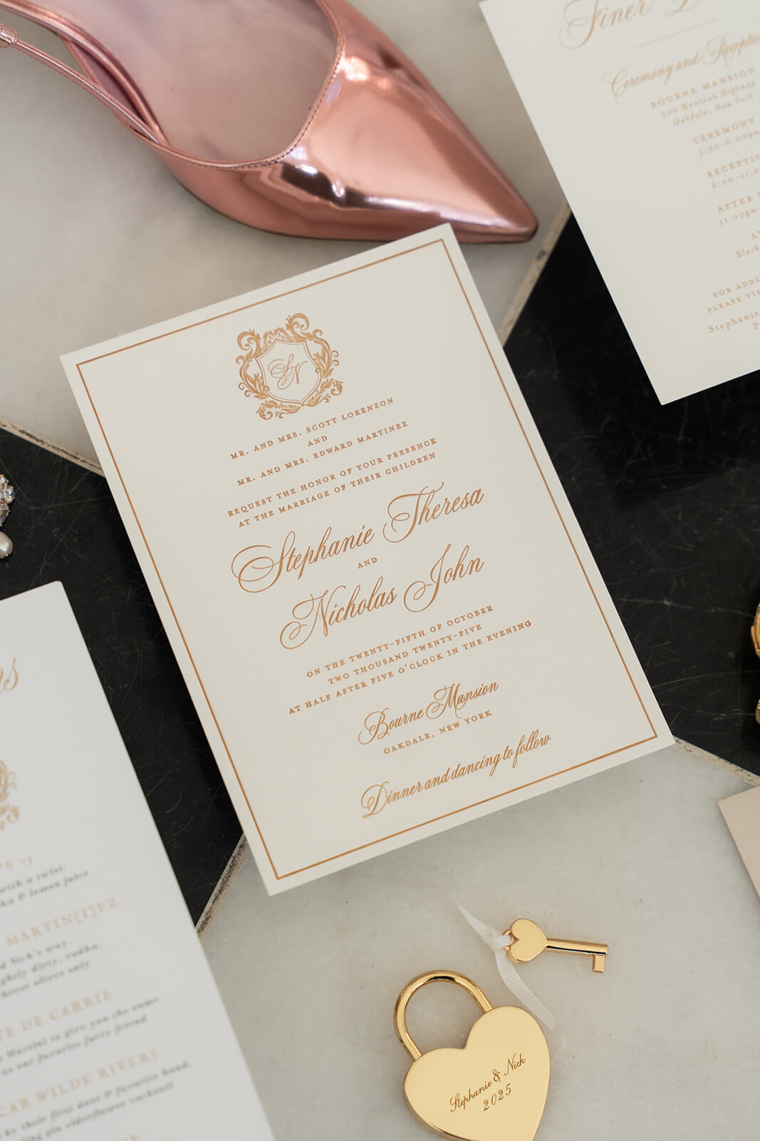 Formal white and gold letterpress wedding invitation