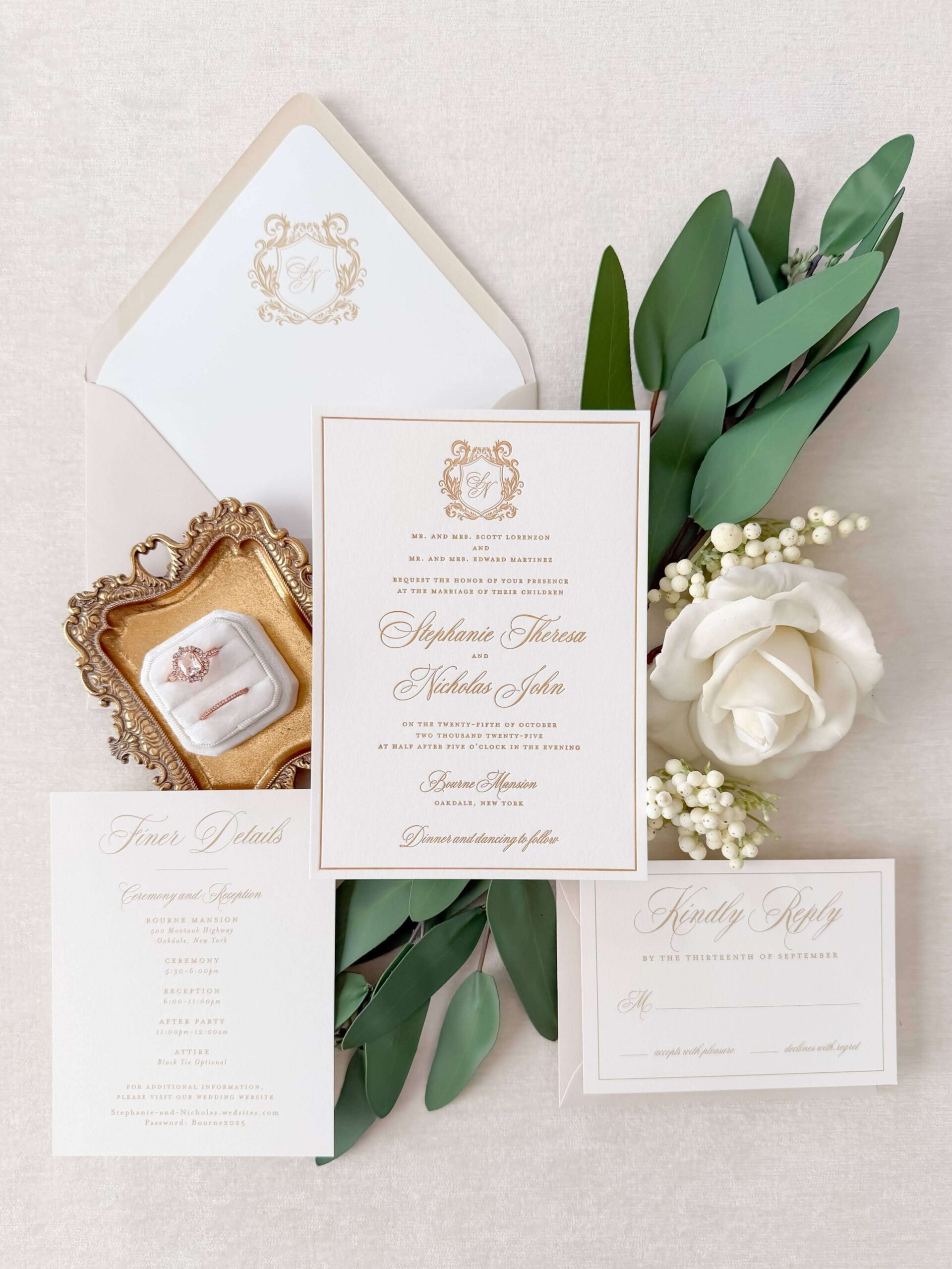 Formal white and gold letterpress wedding invitation suite for a black tie wedding