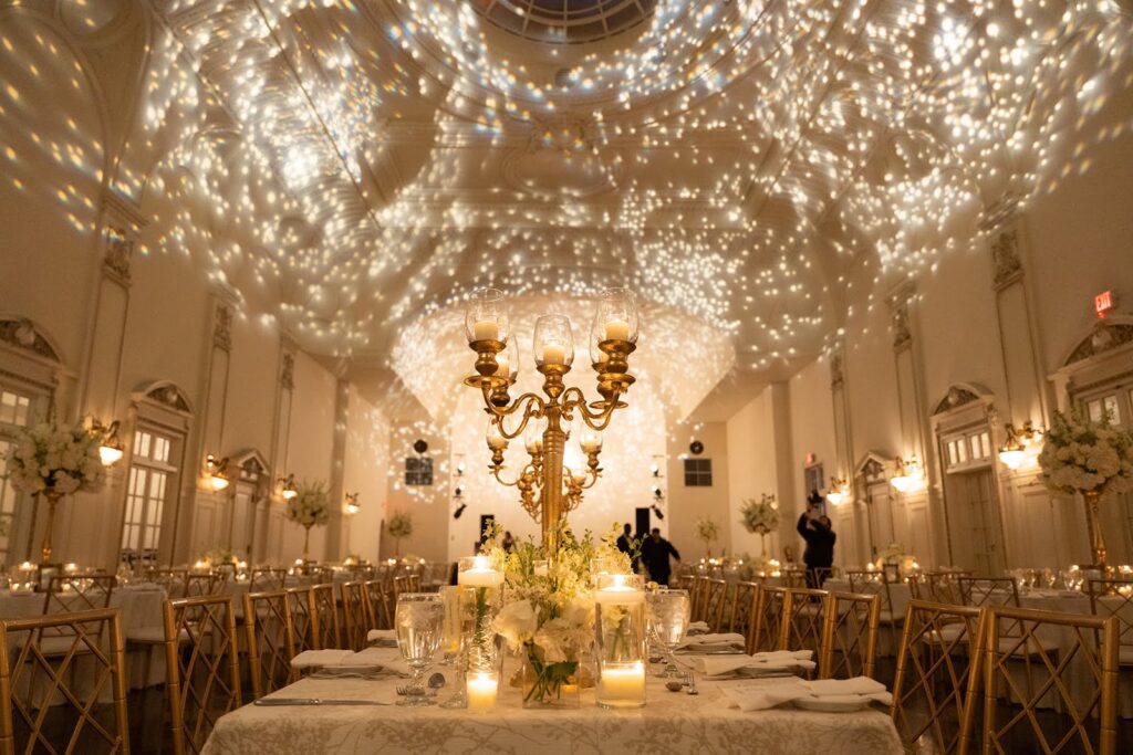 Opulent, gilded wedding reception at Bourne Mansion