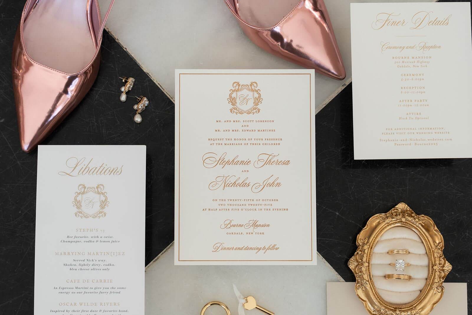 Formal white and gold letterpress wedding invitation suite