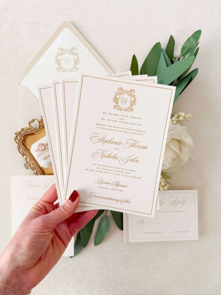 Formal white and gold letterpress wedding invitation suite