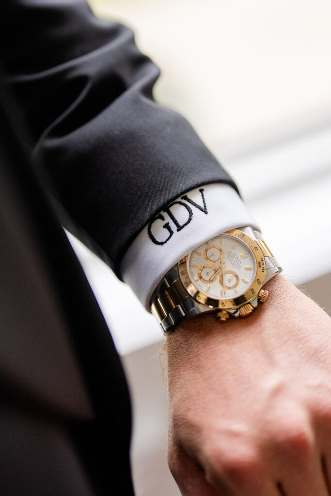 Groom's embroidered initials on cuff
