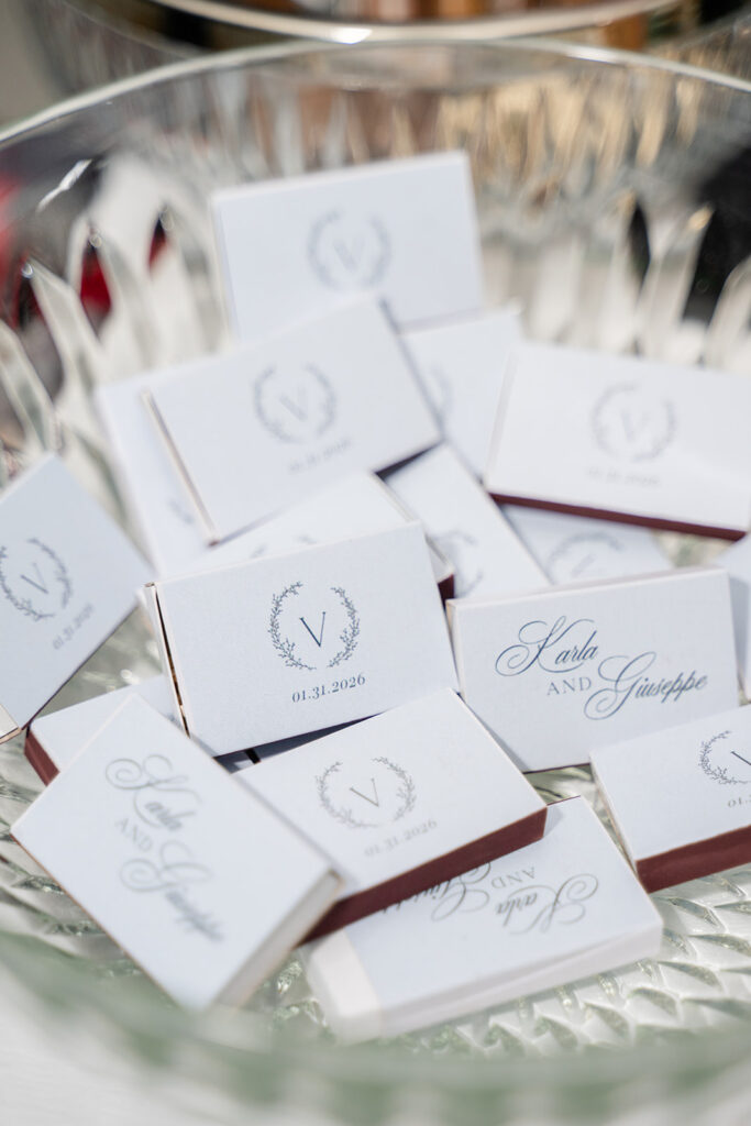 Wedding guest favors: matchbooks with a custom crest