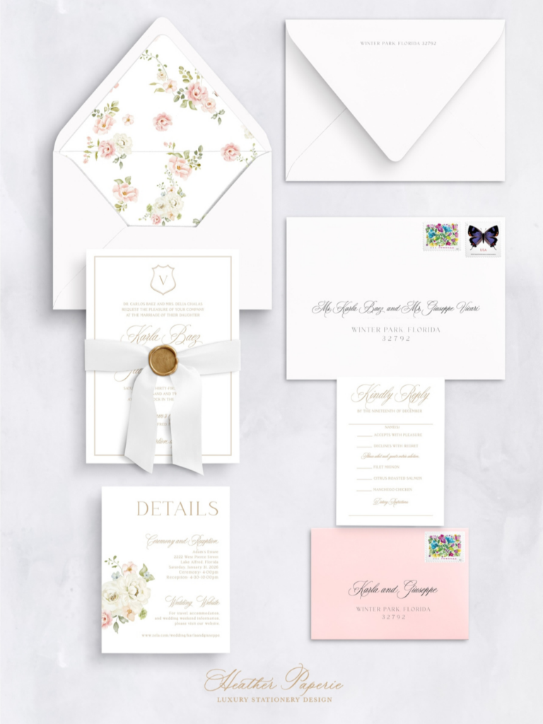 Romantic custom wedding invitation suite proof with floral artwork