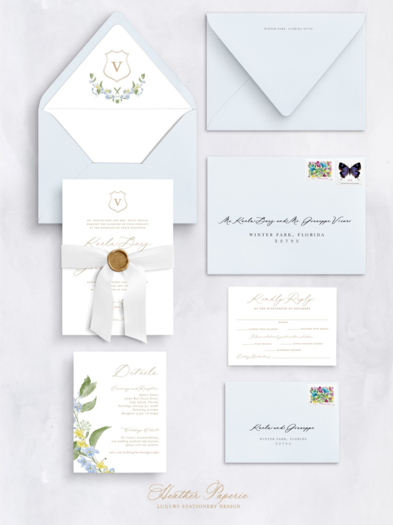Romantic custom wedding invitation suite proof with floral artwork and blue envelopes