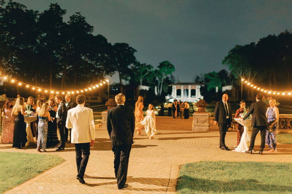 Wedding reception on the patio of The Armour House at Lake Forest Academy