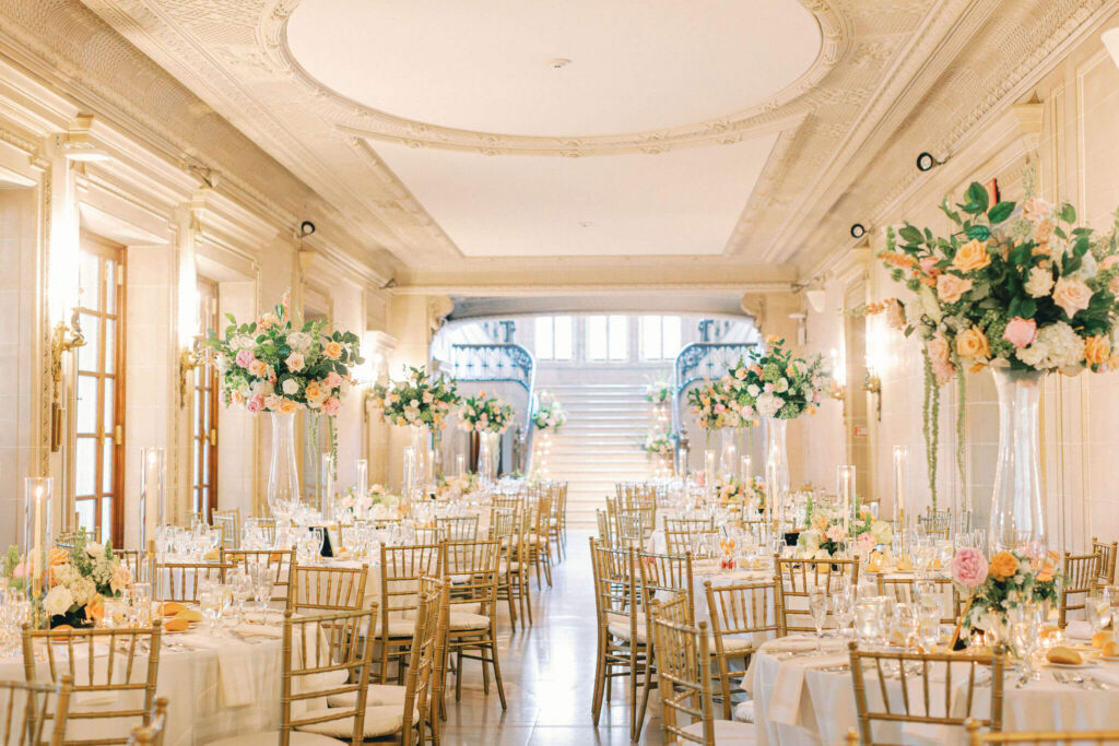 Spring wedding reception setup at a historic estate