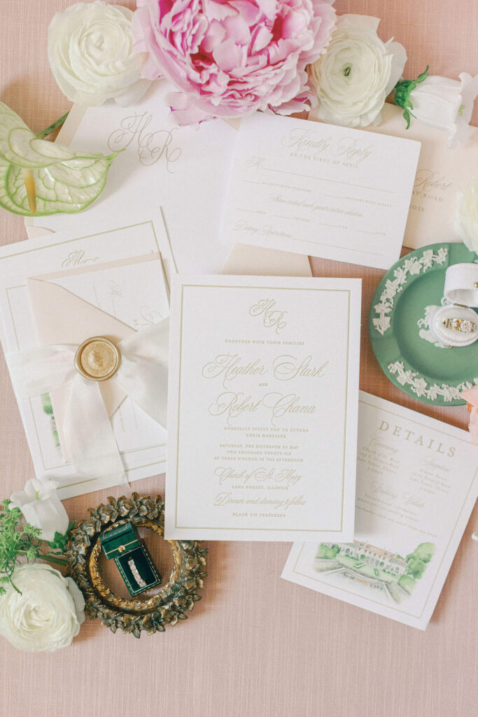 Elegant white and gold letterpress wedding invitation suite with pink envelopes