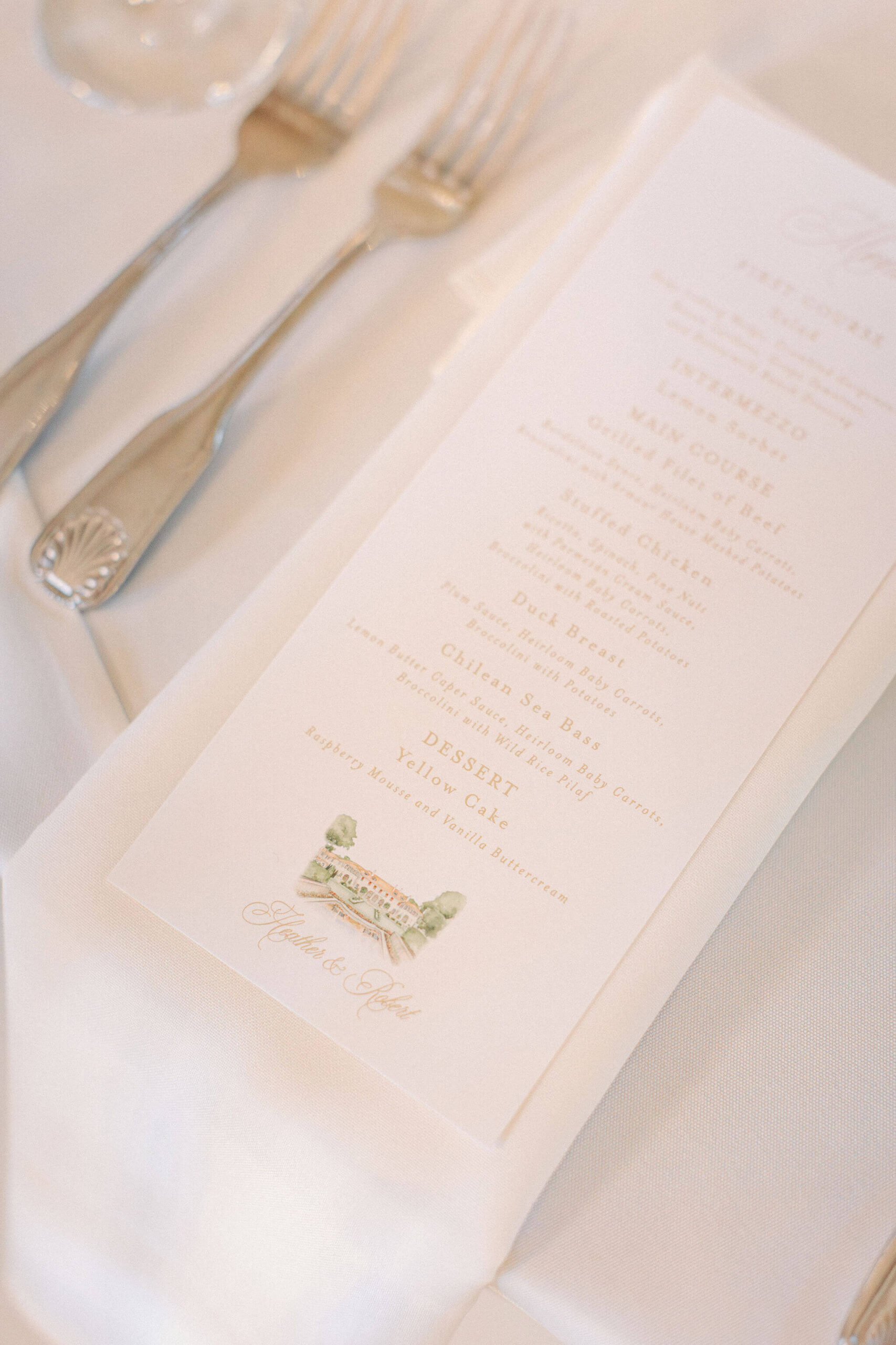 Custom wedding menu with a watercolor illustration of The Armour House