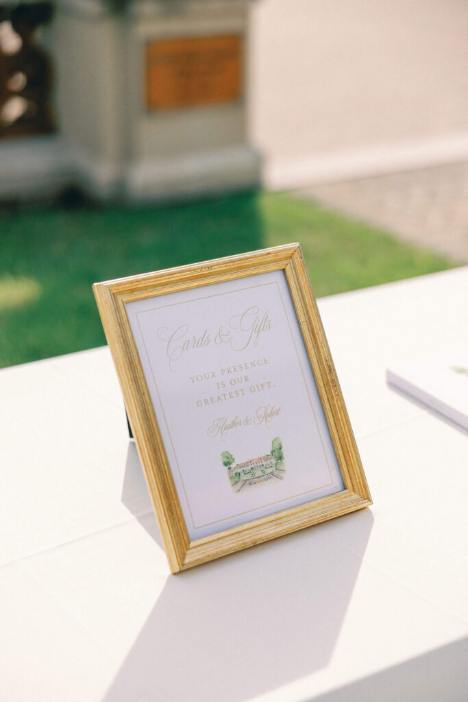 Cards and gifts sign with a custom watercolor illustration of The Armour House