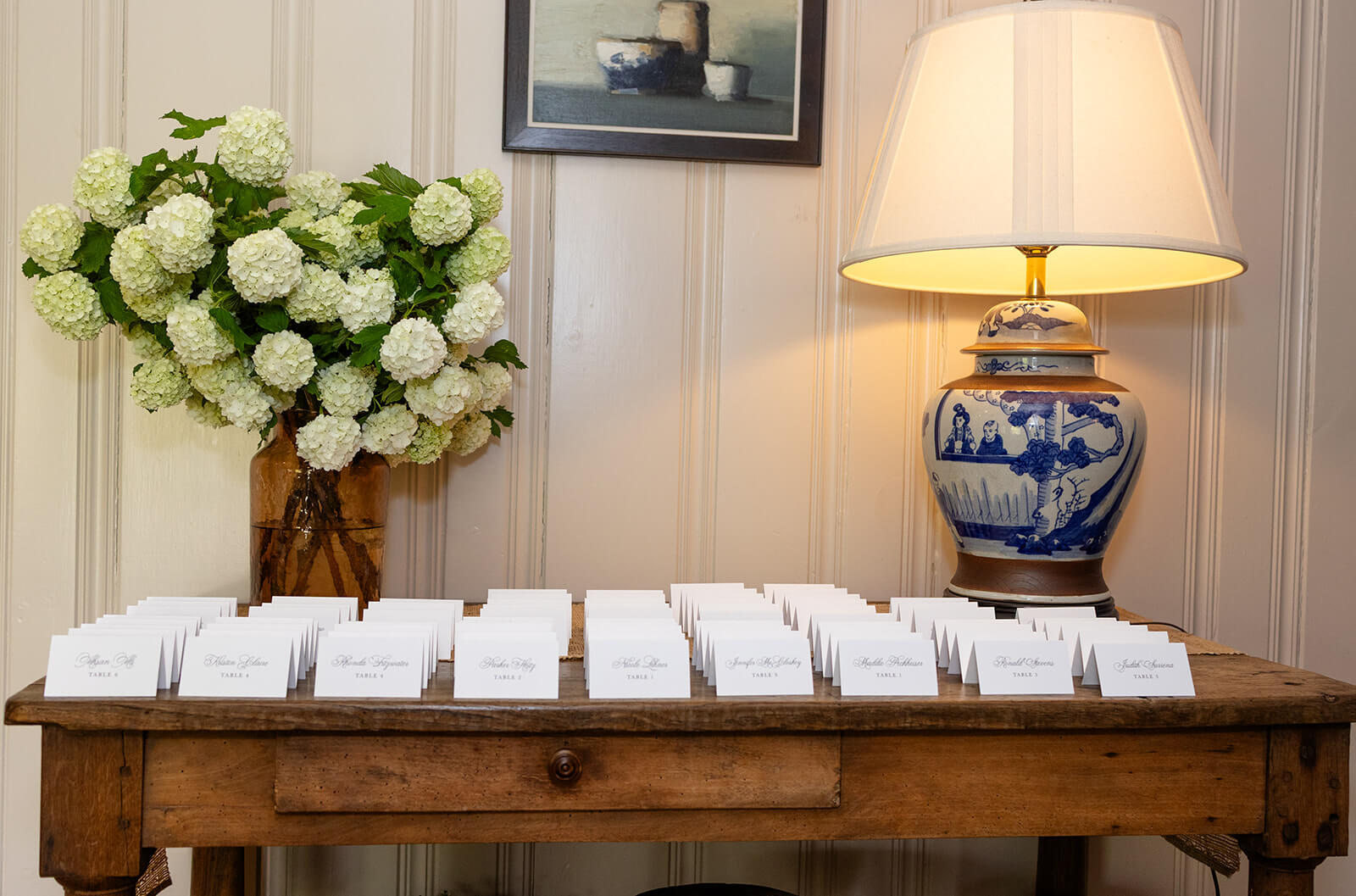 Escort card display for a wedding reception at the Kimberton Inn