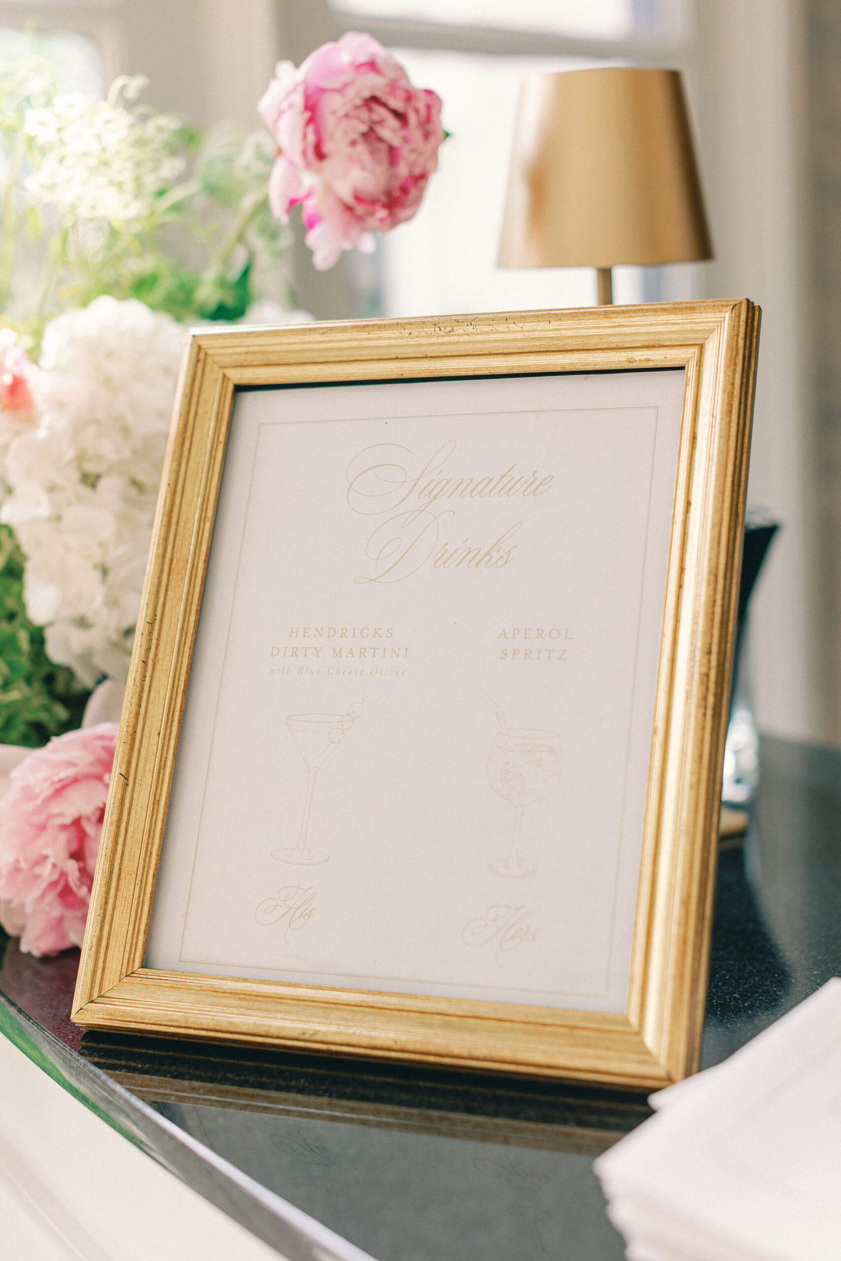 Elegant white and gold signature drink sign