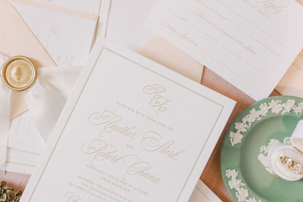 White and gold letterpress wedding invitation suite