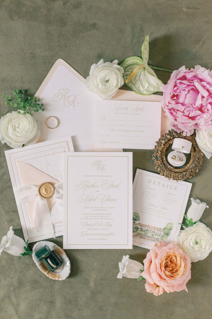 Elegant letterpress wedding invitation keepsake suite flat lay