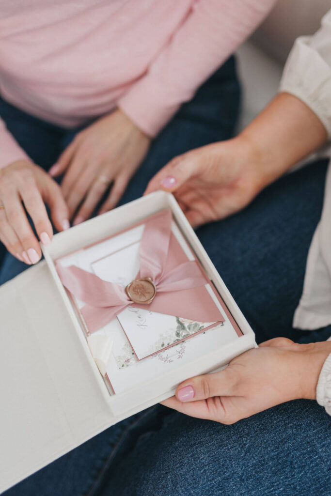 Wedding invitation keepsake suite in a foil-pressed linen box