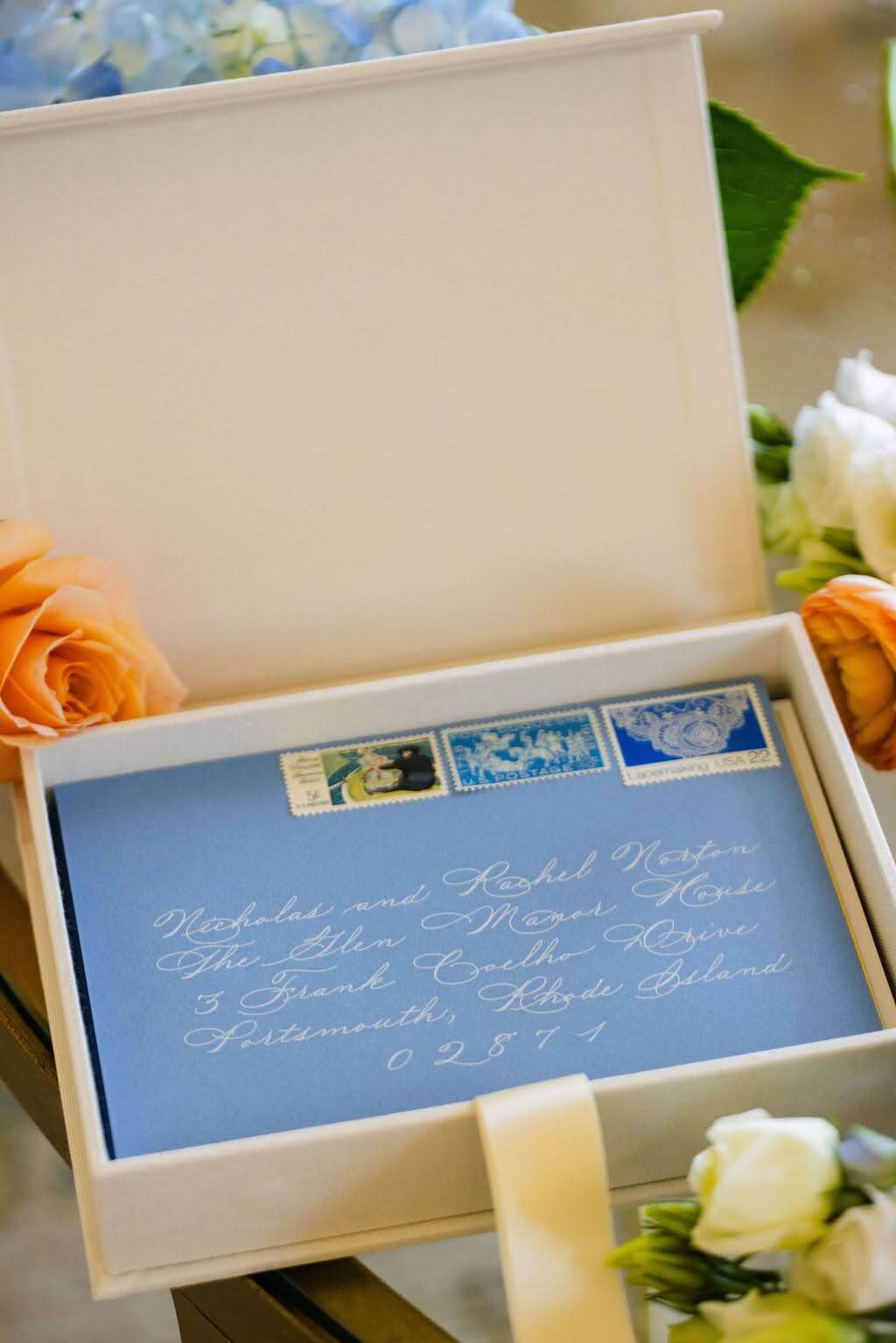 Wedding invitation keepsake suite box showing an envelope with calligraphy and vintage postage
