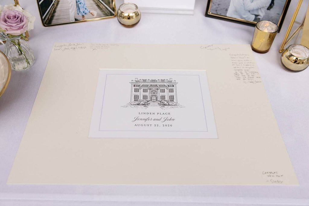 Matted line art illustration of Linden Place serving as the couple's guestbook