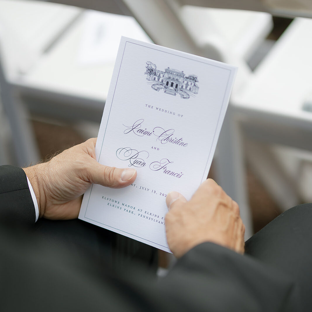 Classic wedding ceremony program booklet exterior with a line art venue illustration